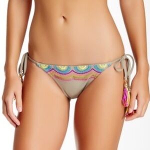 Trina Turk Wanderlust Tie String Bikini Bottoms Taupe Embroidered Size 10
